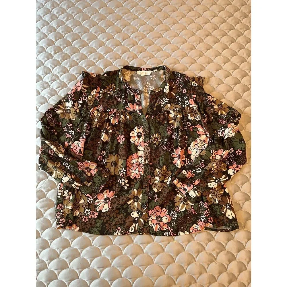 Treasure & Bond Floral Print Long Sleeve V-Neck Shirt Top L Button Up - Picture 2 of 6